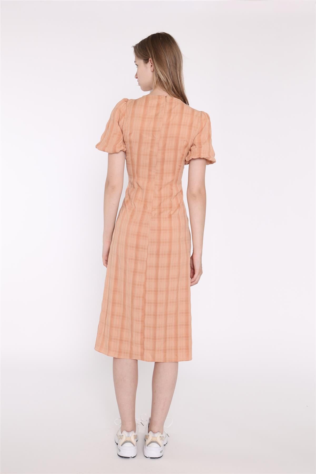 Light Apricot Check Short Sleeve Dress