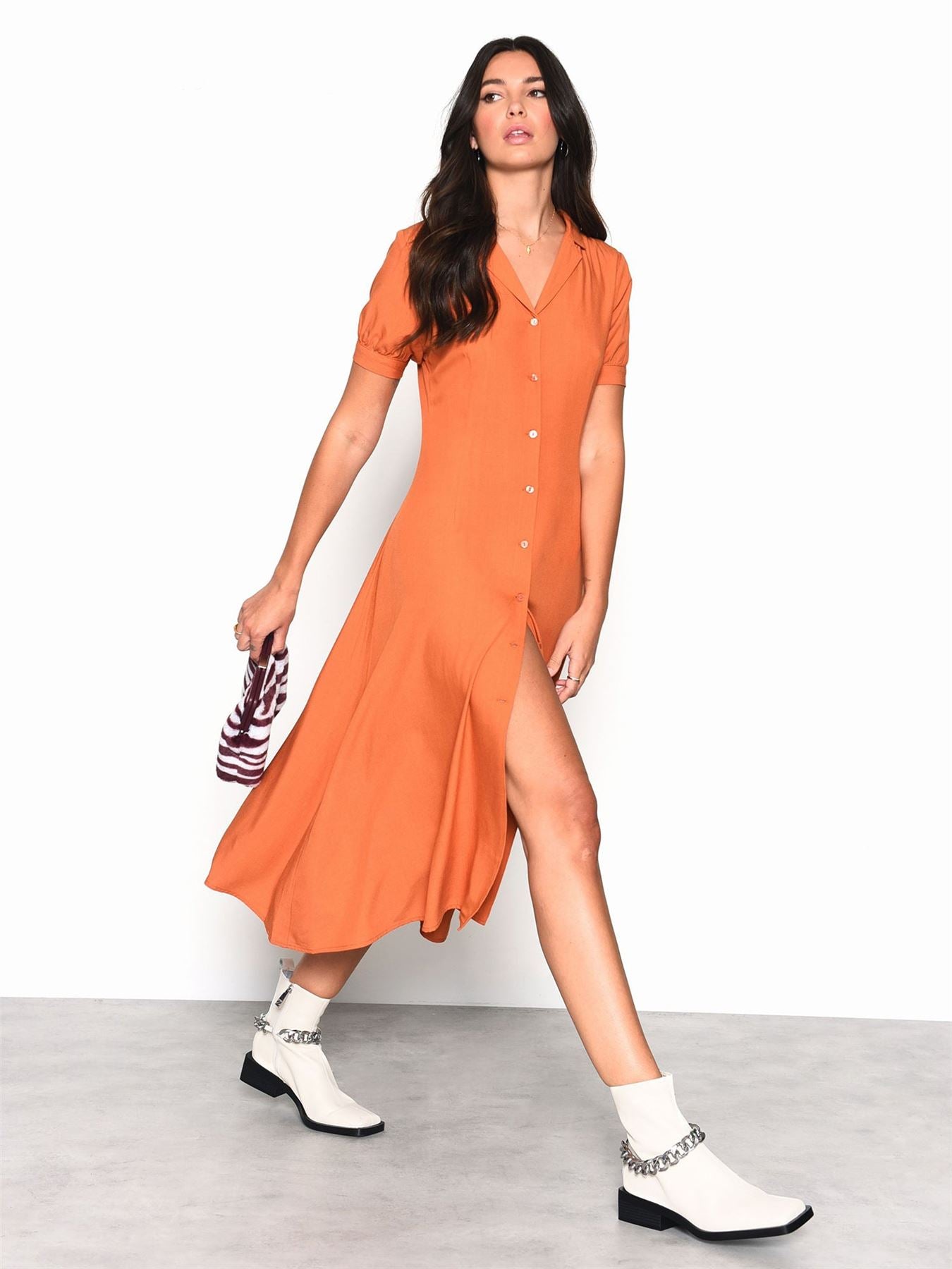 Burnt Orange Button Up Puff Sleeve Midi Dress