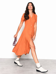 Burnt Orange Button Up Puff Sleeve Midi Dress