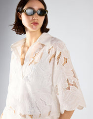 White Embroidered Flare Short Sleeve Shirt