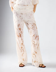 White Embroidered Flared High Waisted Trousers
