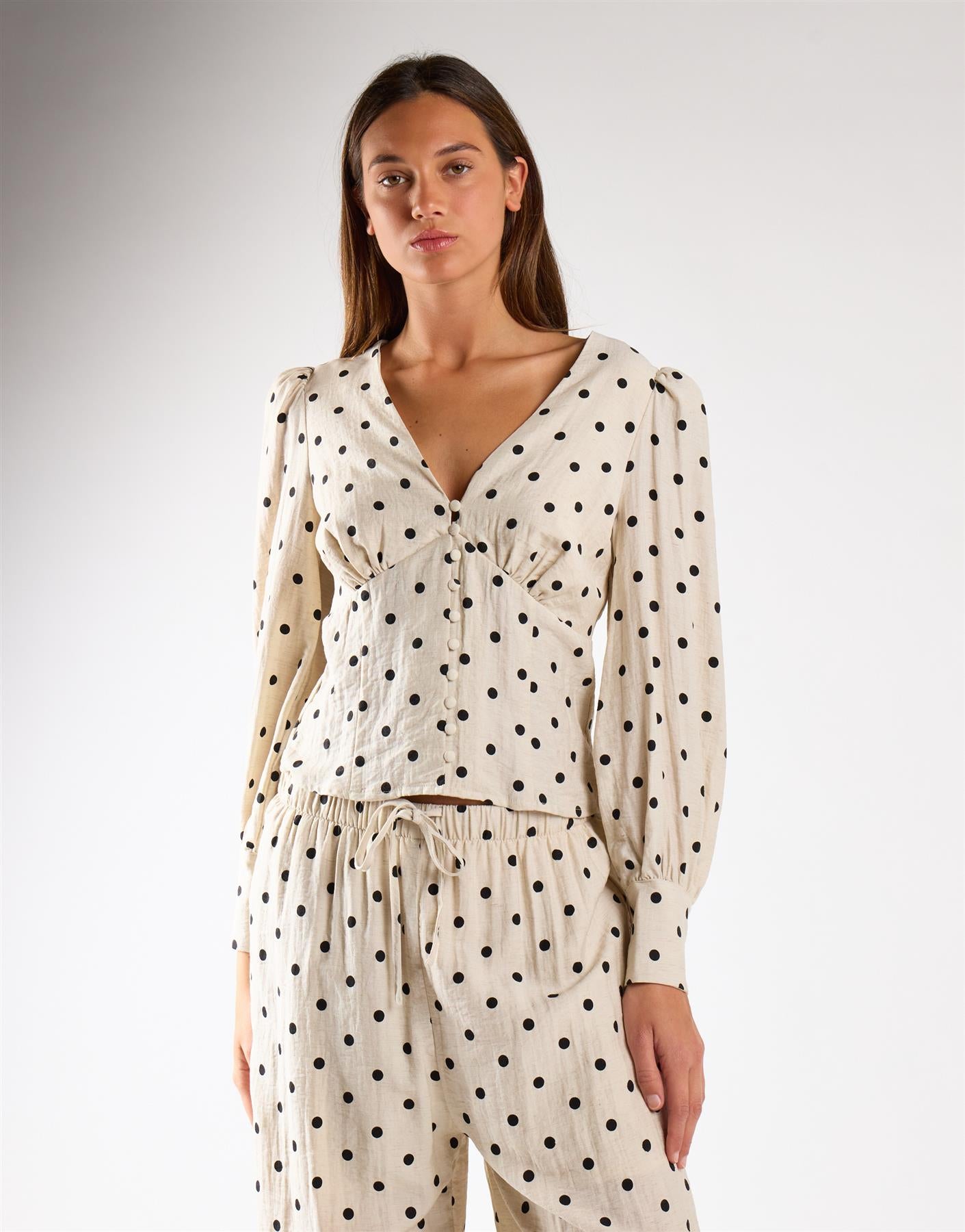 Natural Black Spot V-Neck Button-Up Top