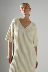 Ecru V-Neck-Knitted Midi-Dress