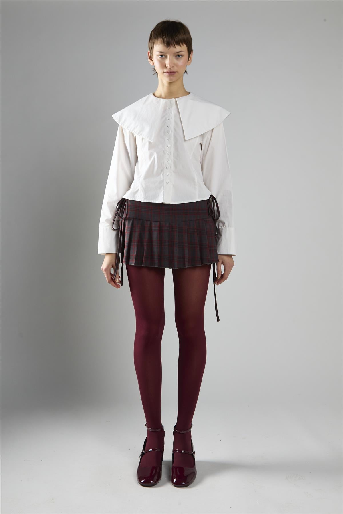 Grey Red Check Pleated Mini Skirt