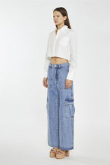 White Long-Sleeve Collared Crop-Shirt