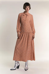 Rust Ditsy Tie Neck Long Sleeve Midaxi Dress