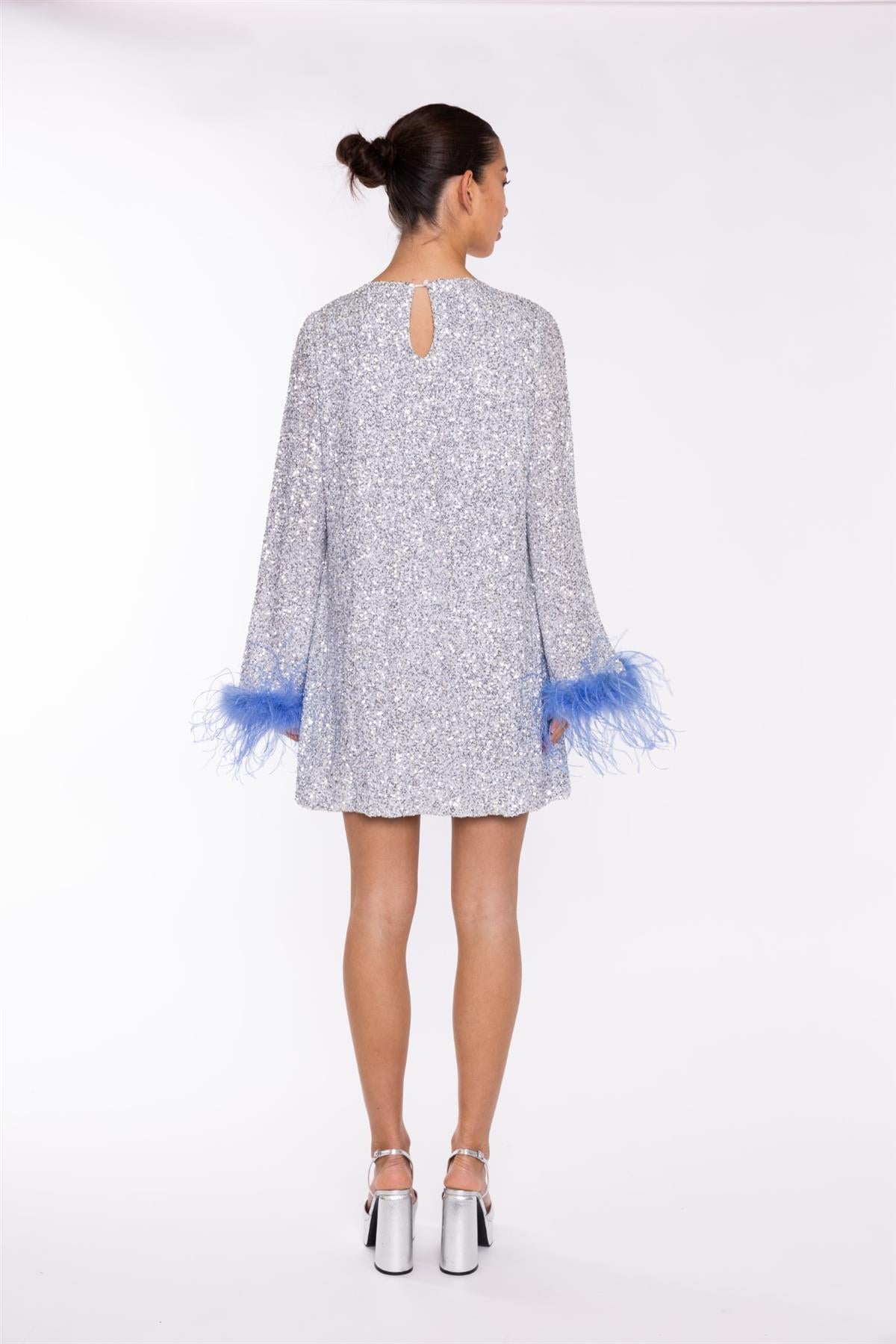 Silver-Sequin Blue Feather-Cuff Mini-Dress – glamorouswholesaleuk