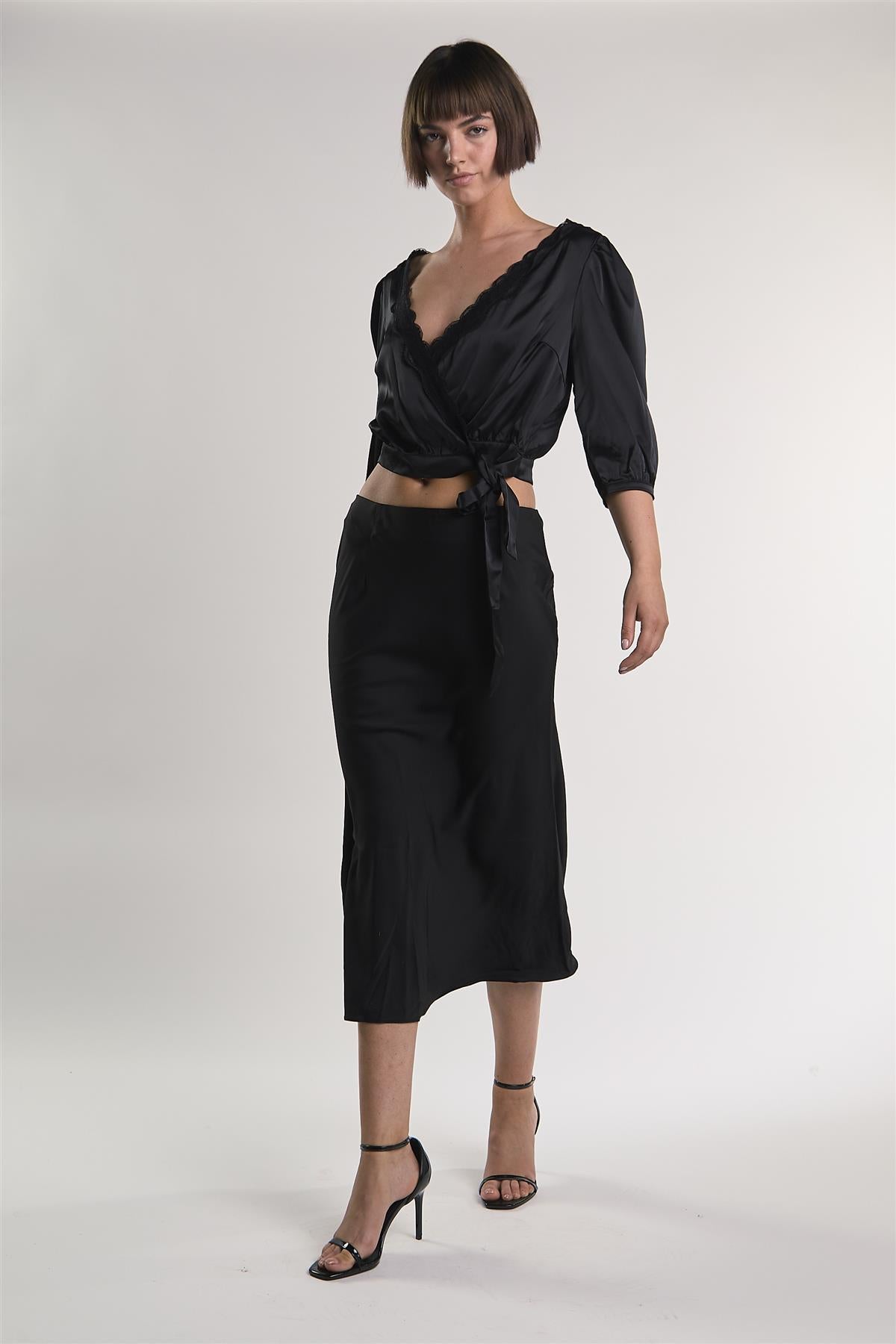 Black Satin Midi-Skirt
