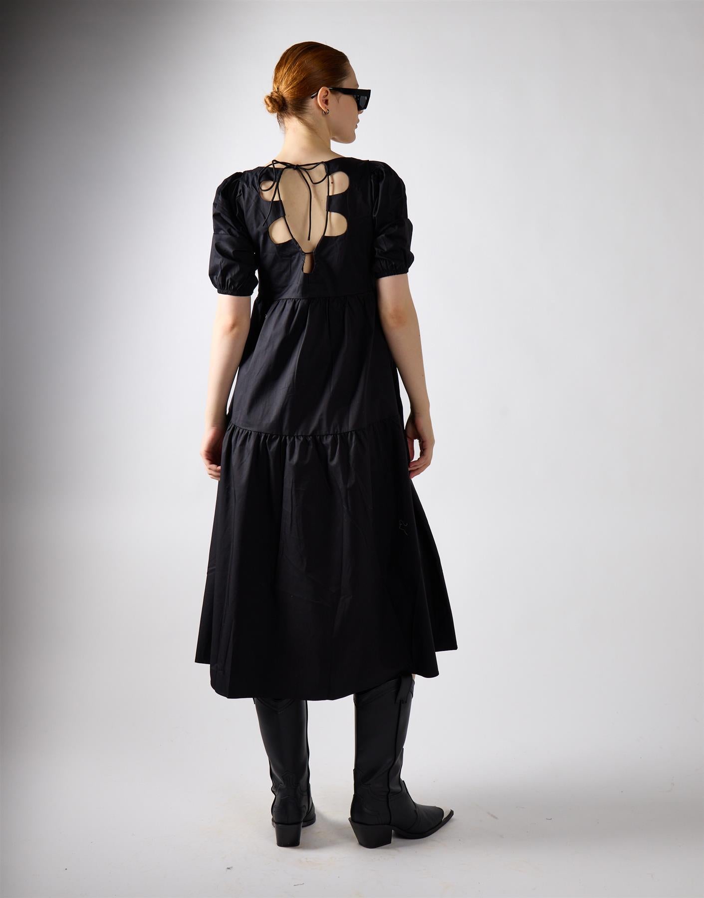 Black Square Neck Puff Sleeve Midi Dress