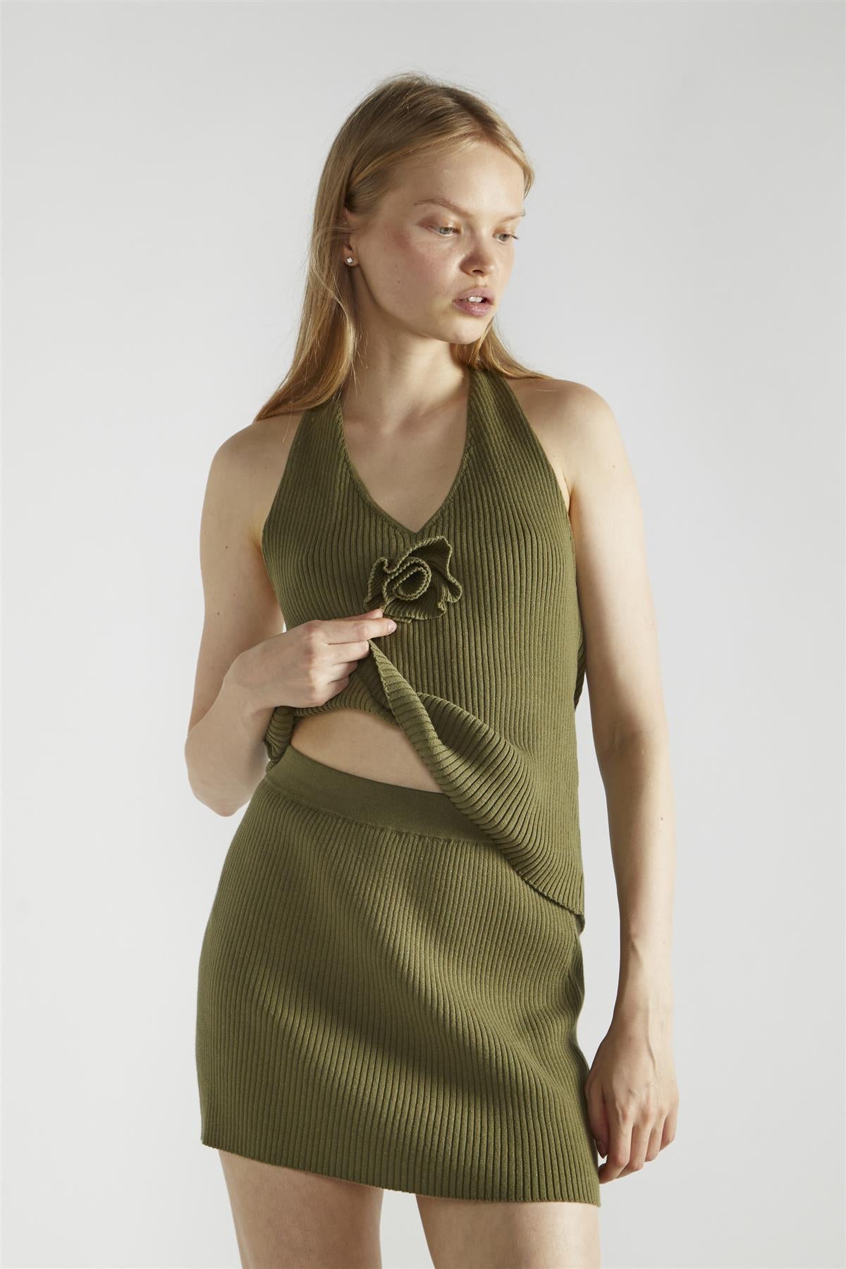 Khaki Ribbed Mini-Skirt