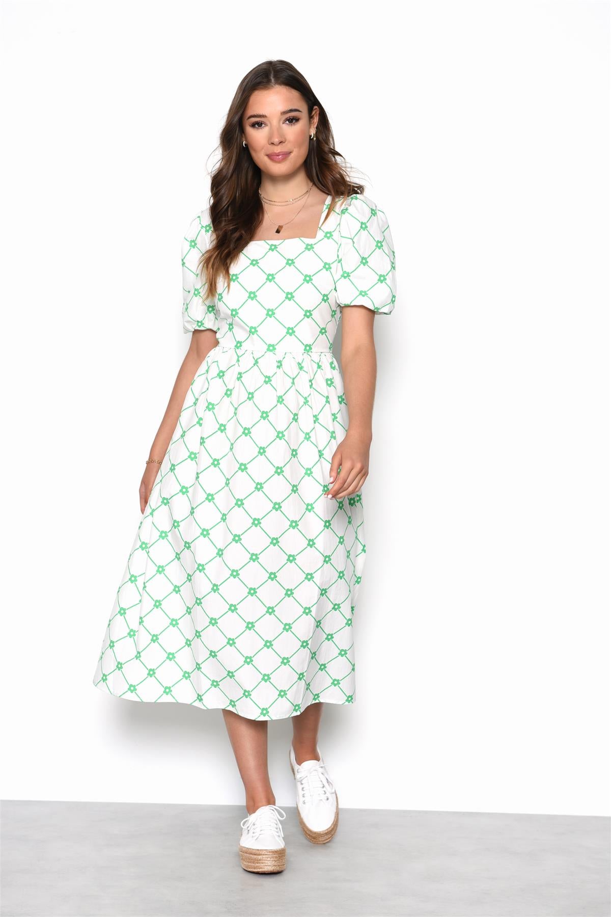 White-Green-Trellis Puff-Sleeve Midi-Dress