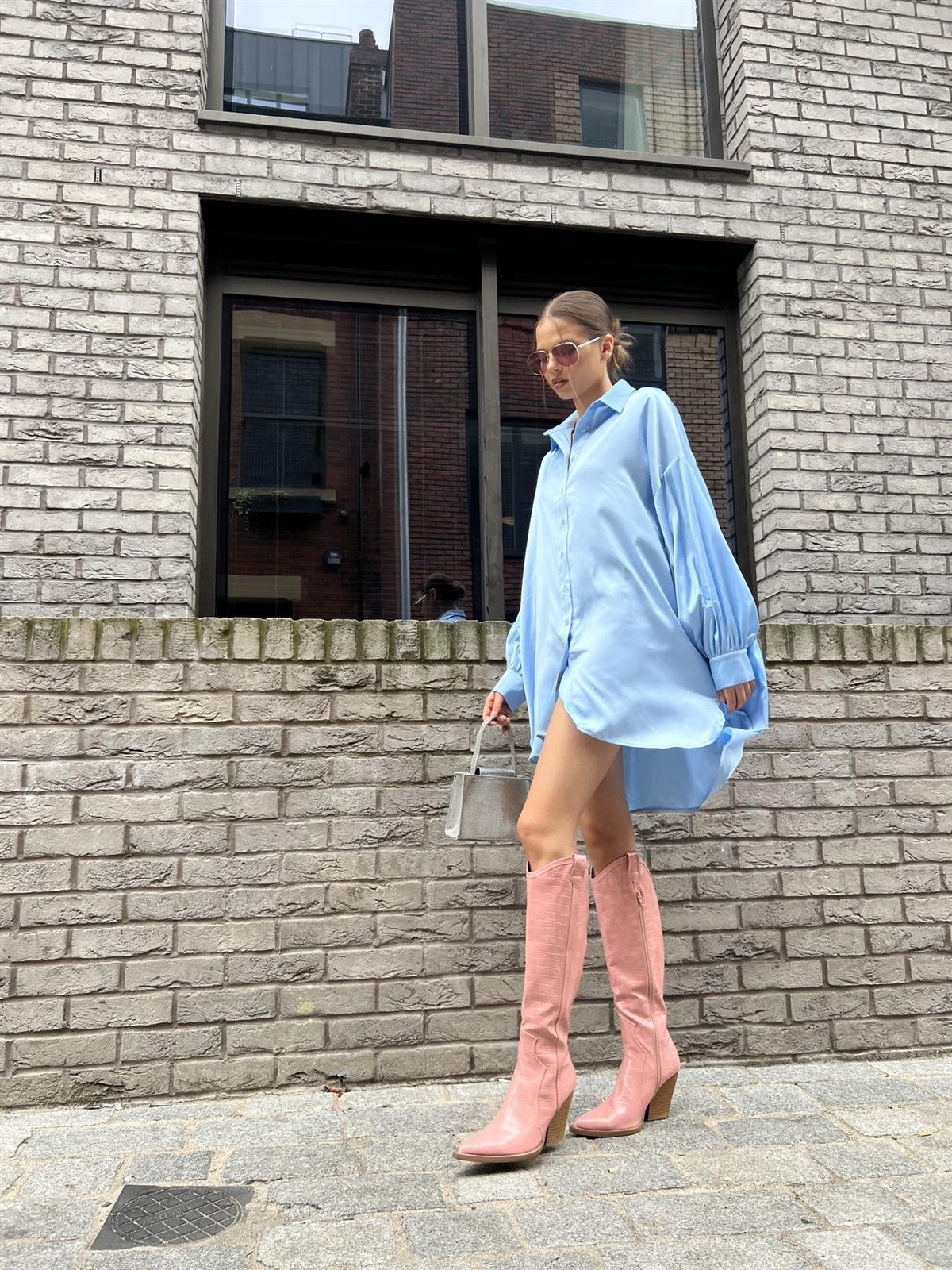 Pale-Blue Satin Shirt-Dress