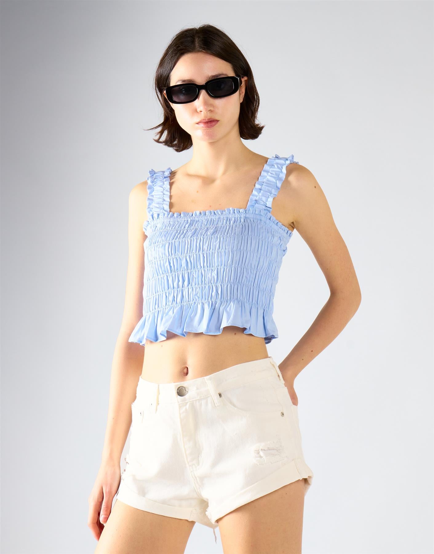 Ruched Frill Crop Top - Light Blue