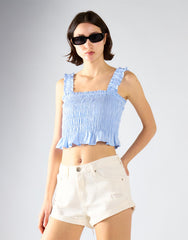 Ruched Frill Crop Top - Light Blue