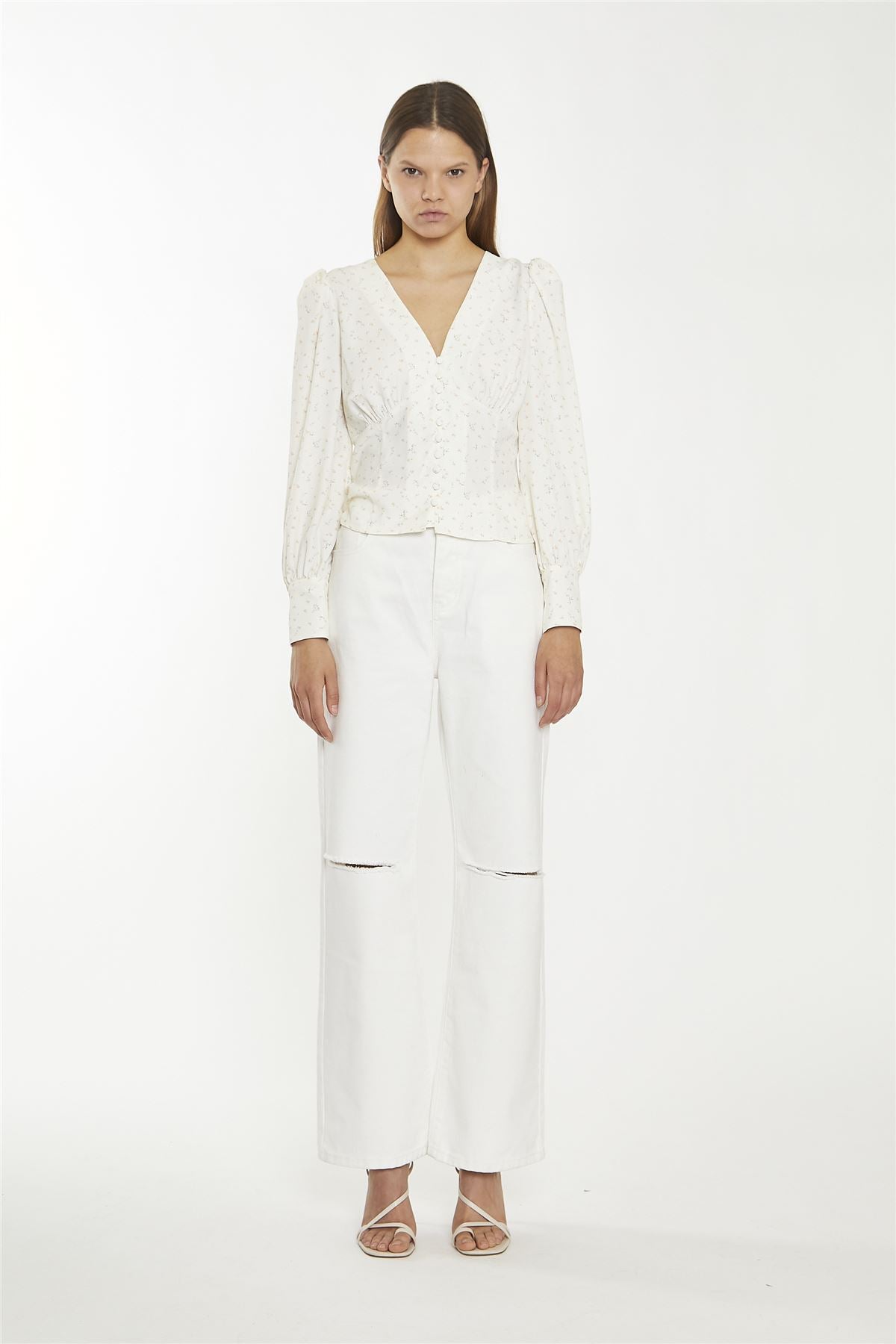 Off White Straight-Leg Ripped Jeans