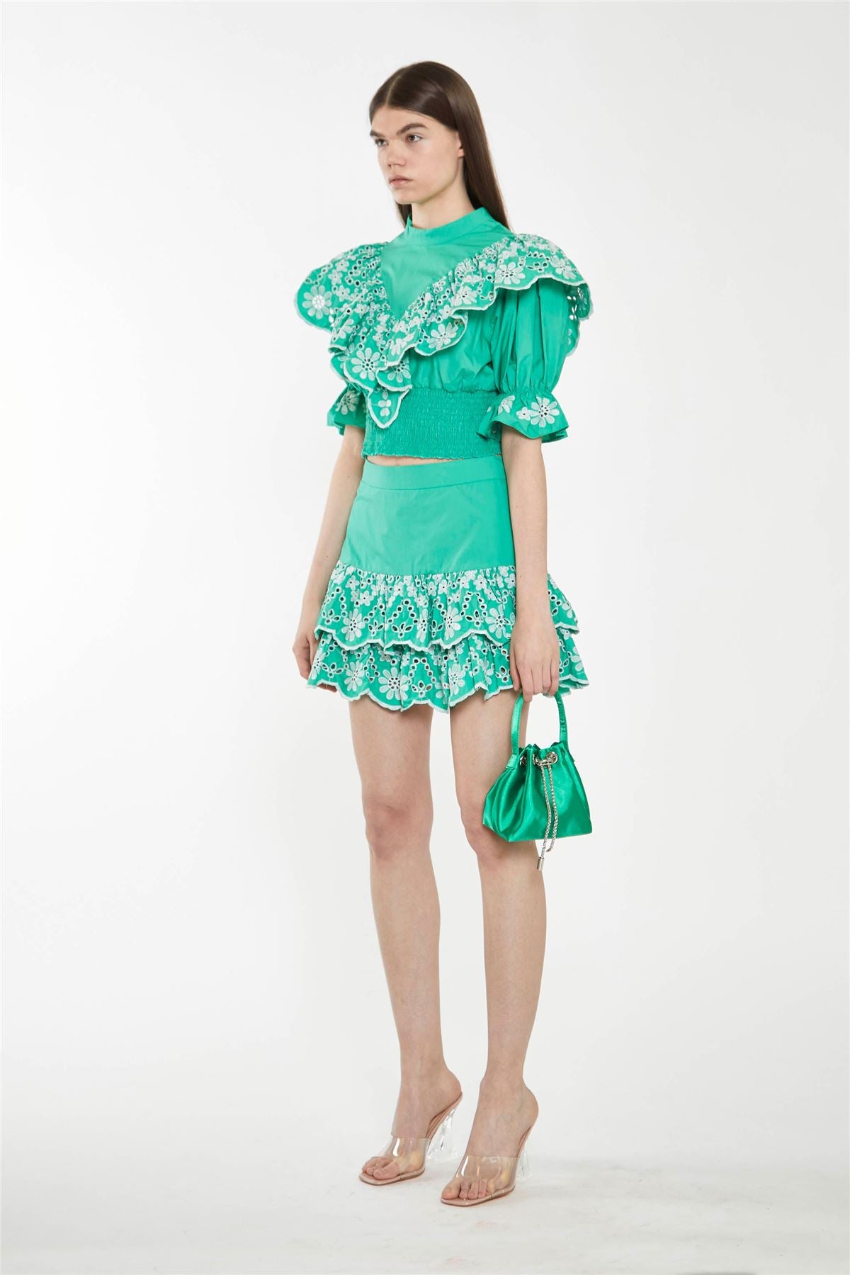 Green Broderie Ruffle Crop Top