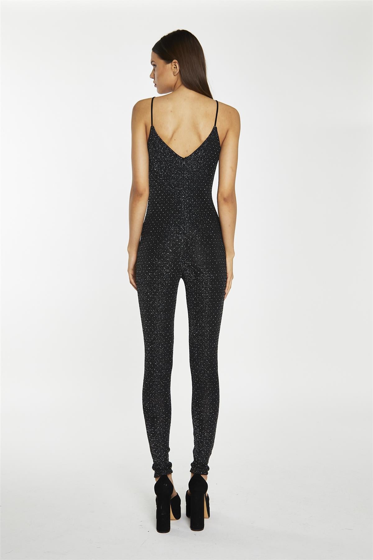Black Silver Rhinestuds V-Neck Jumpsuit