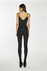 Black Silver Rhinestuds V-Neck Jumpsuit