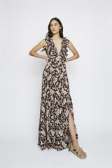 Dark-Brown-Paisley Deep-V-Neck Maxi-Dress