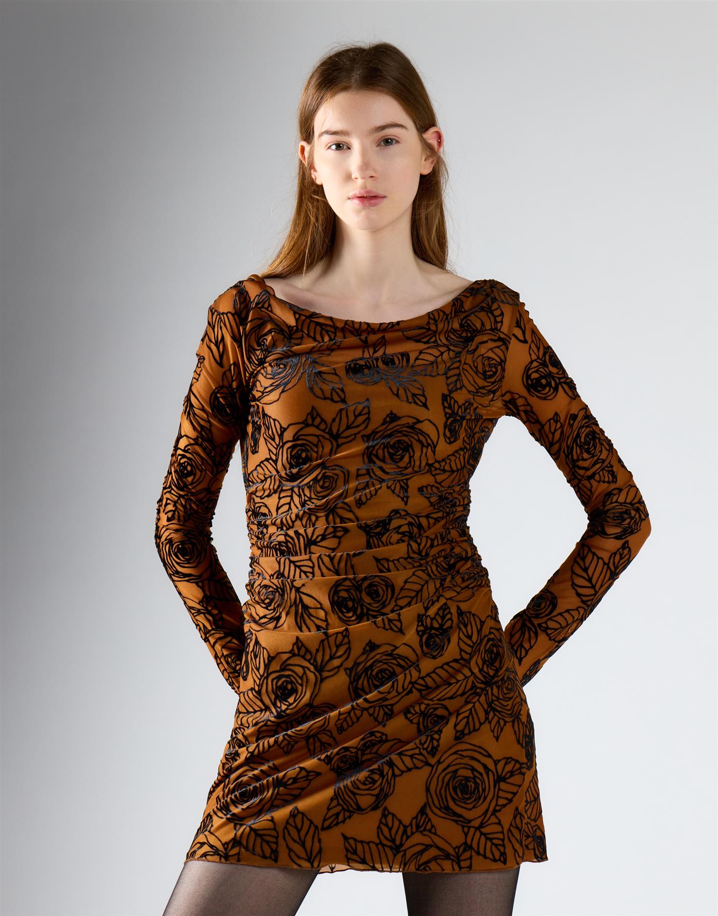 Rust Rose Mesh Long Sleeve Mini Dress