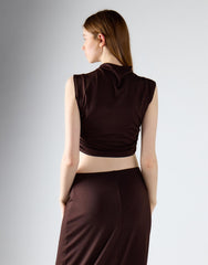 Brown Ruched Mock-Neck Sleeveless Crop Top