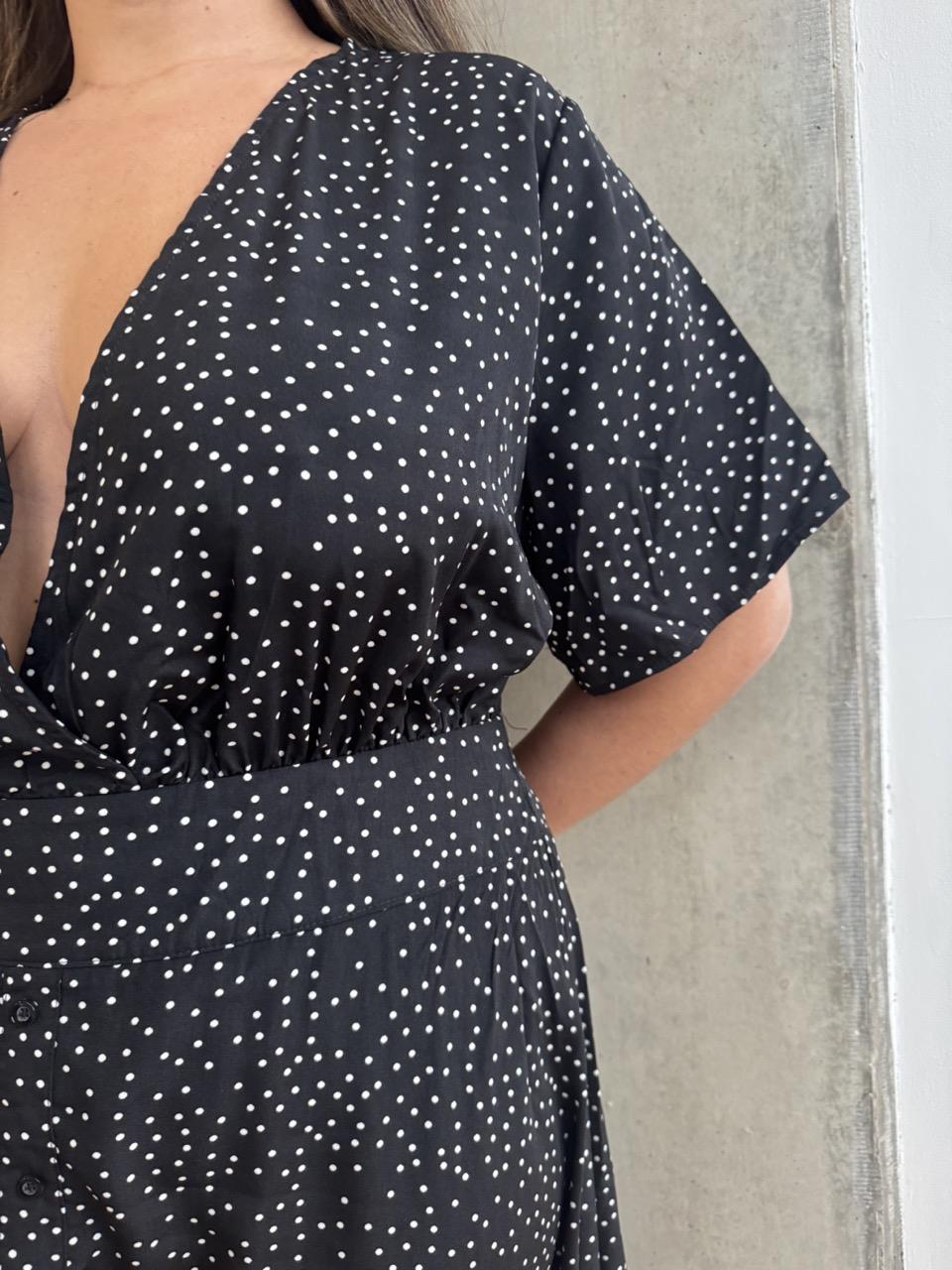 V - Neck Maxi Dress - Black White Dot