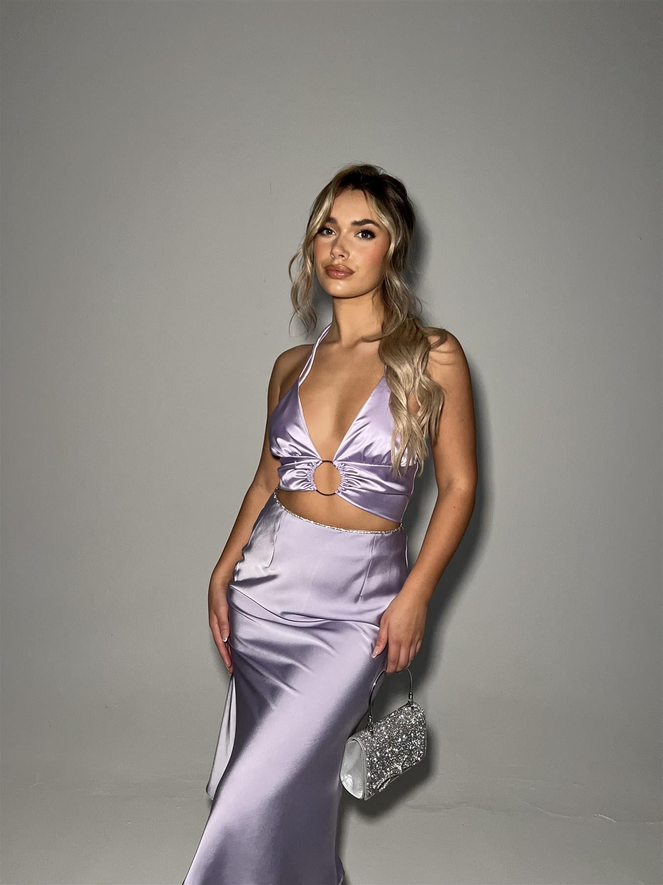 Lilac-Satin Bias-Cut Midi-skirt