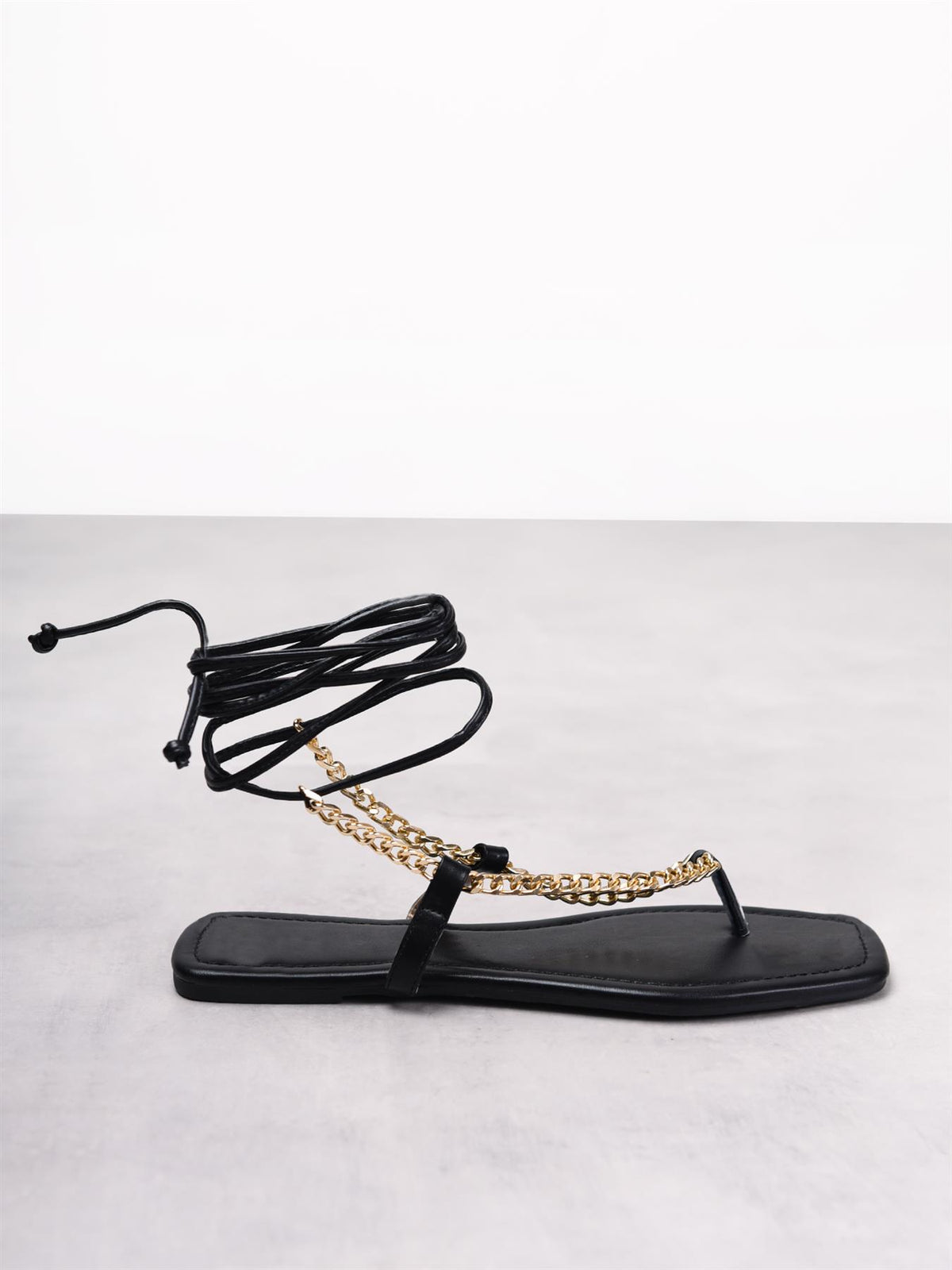 Black Tie Ankle Gold Chain Sandals