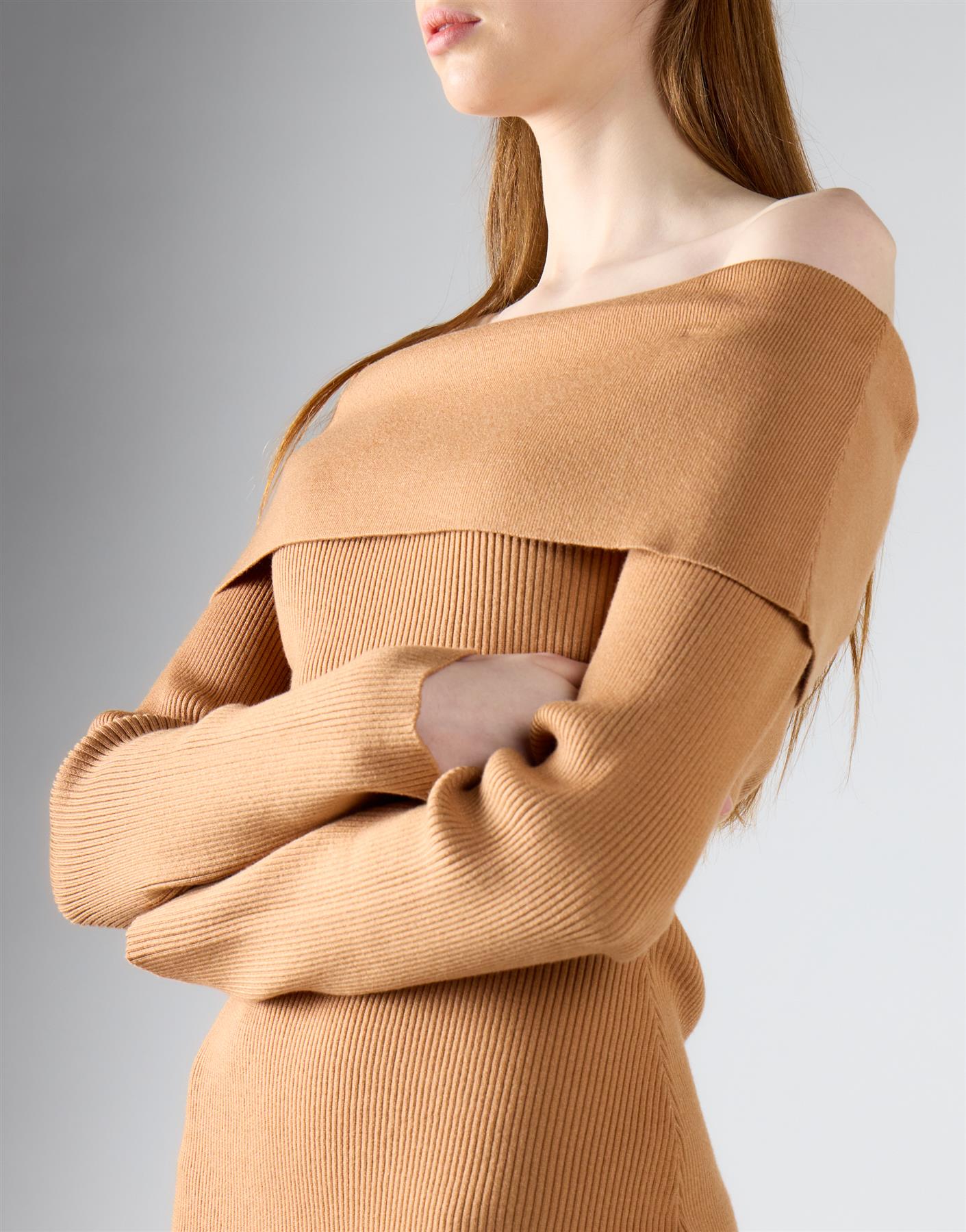 Tan Bardot Knitted Mini Dress