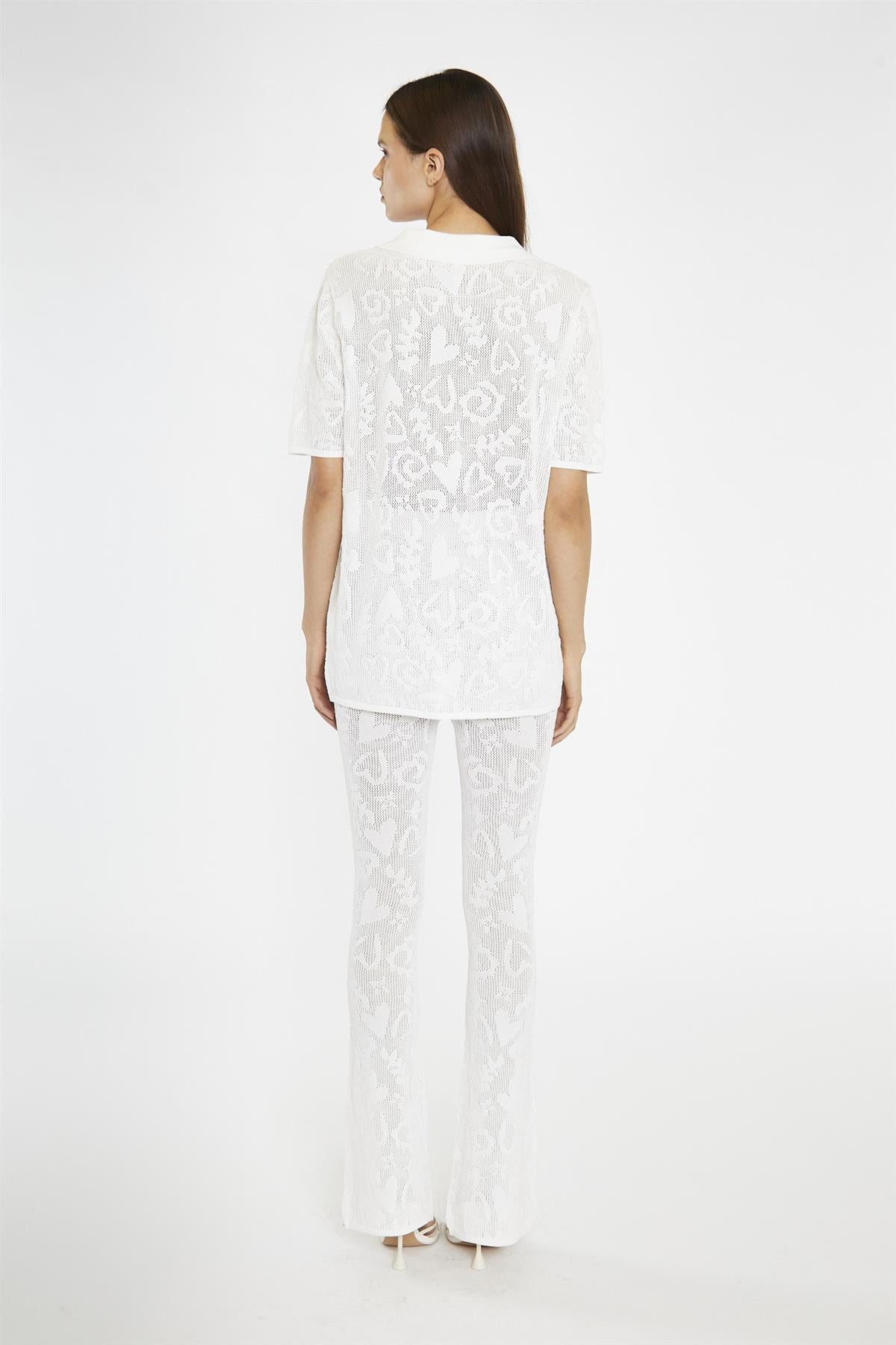 White-Textured Flared Knit-Trousers