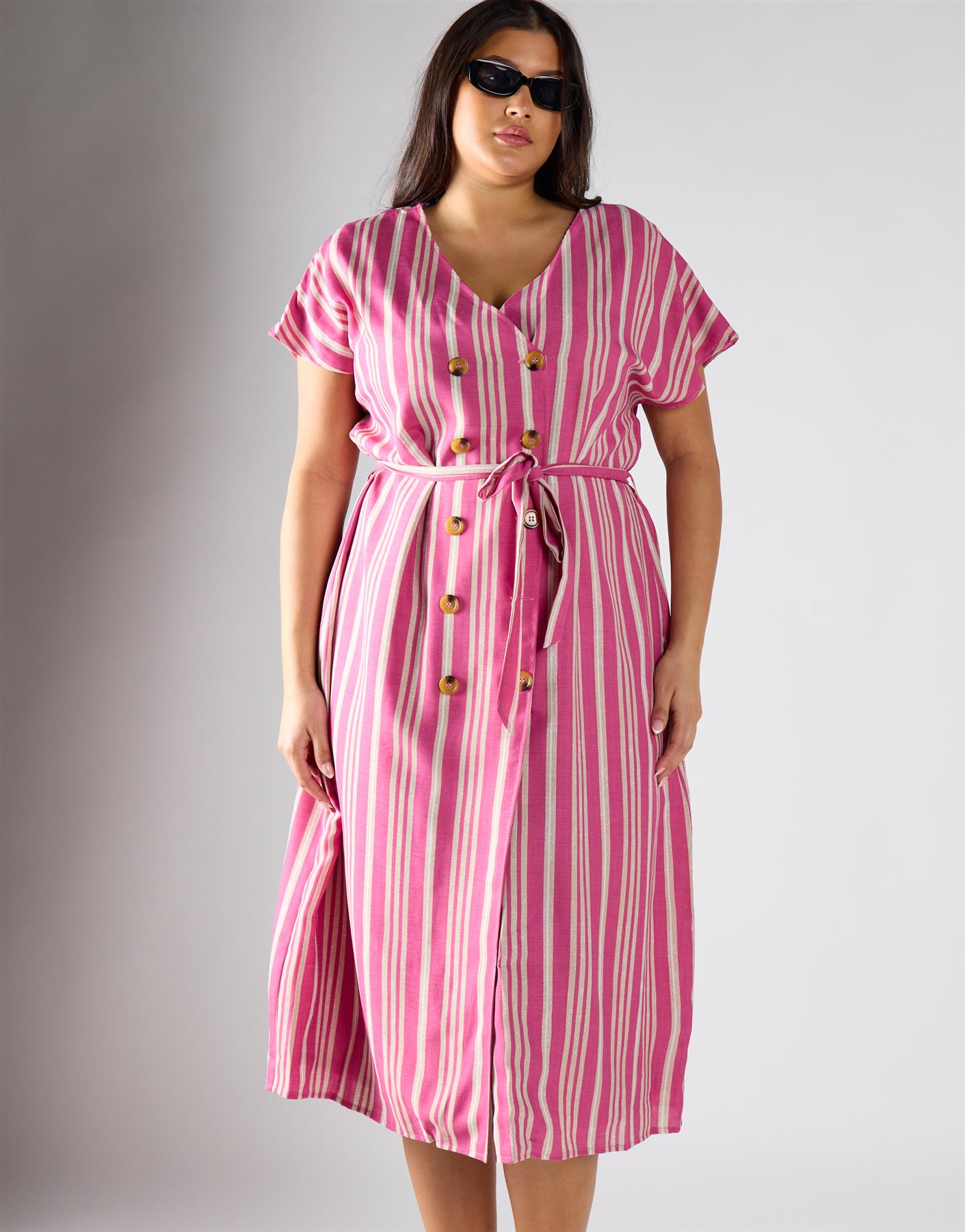 Pink Varied Stripe Wrap Button Front Midi Dress