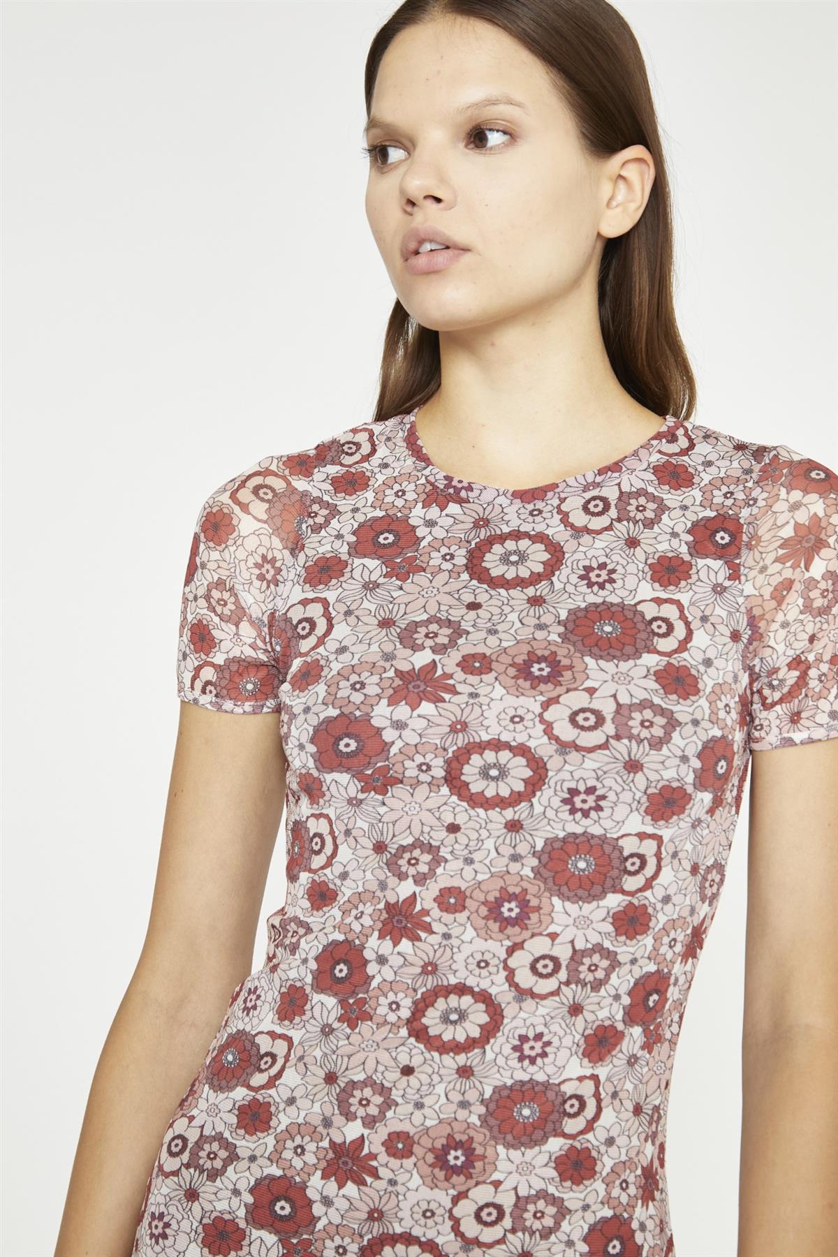 Nude-Brown-Vintage-Floral Body-Con Mini-Dress