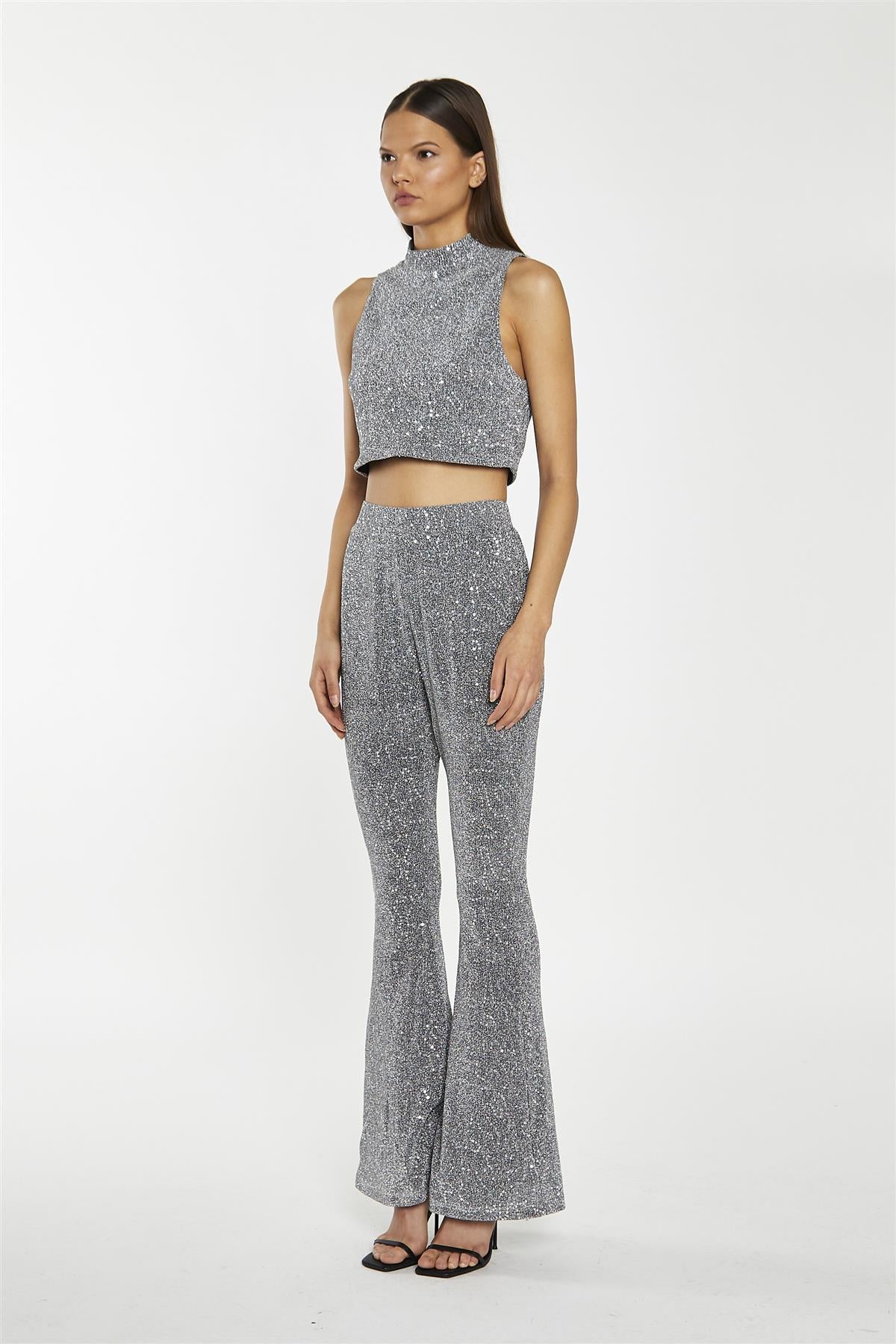 Silver-Sequin Plisse  Flared-Trousers