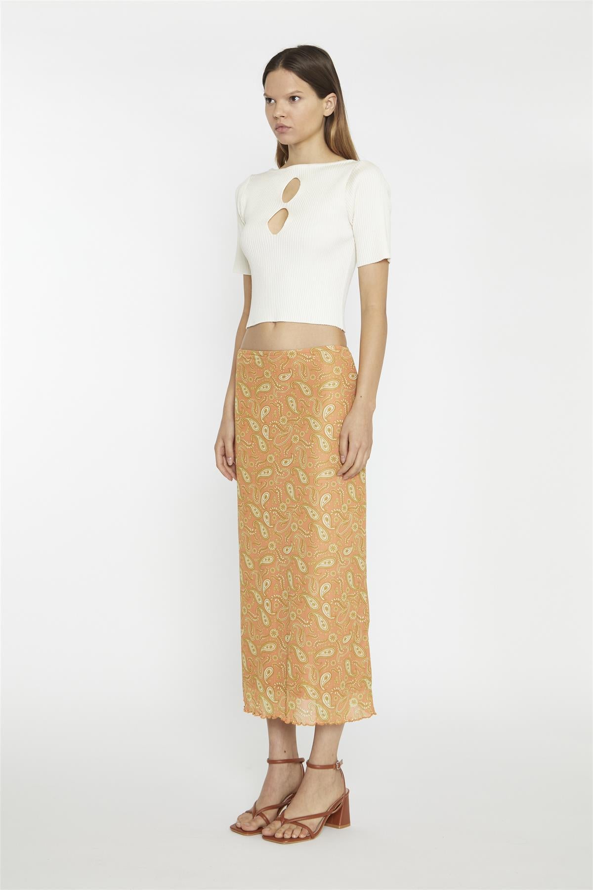 Orange Olive Paisley Mesh Low-Rise Midi-Skirt