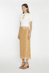 Orange Olive Paisley Mesh Low-Rise Midi-Skirt