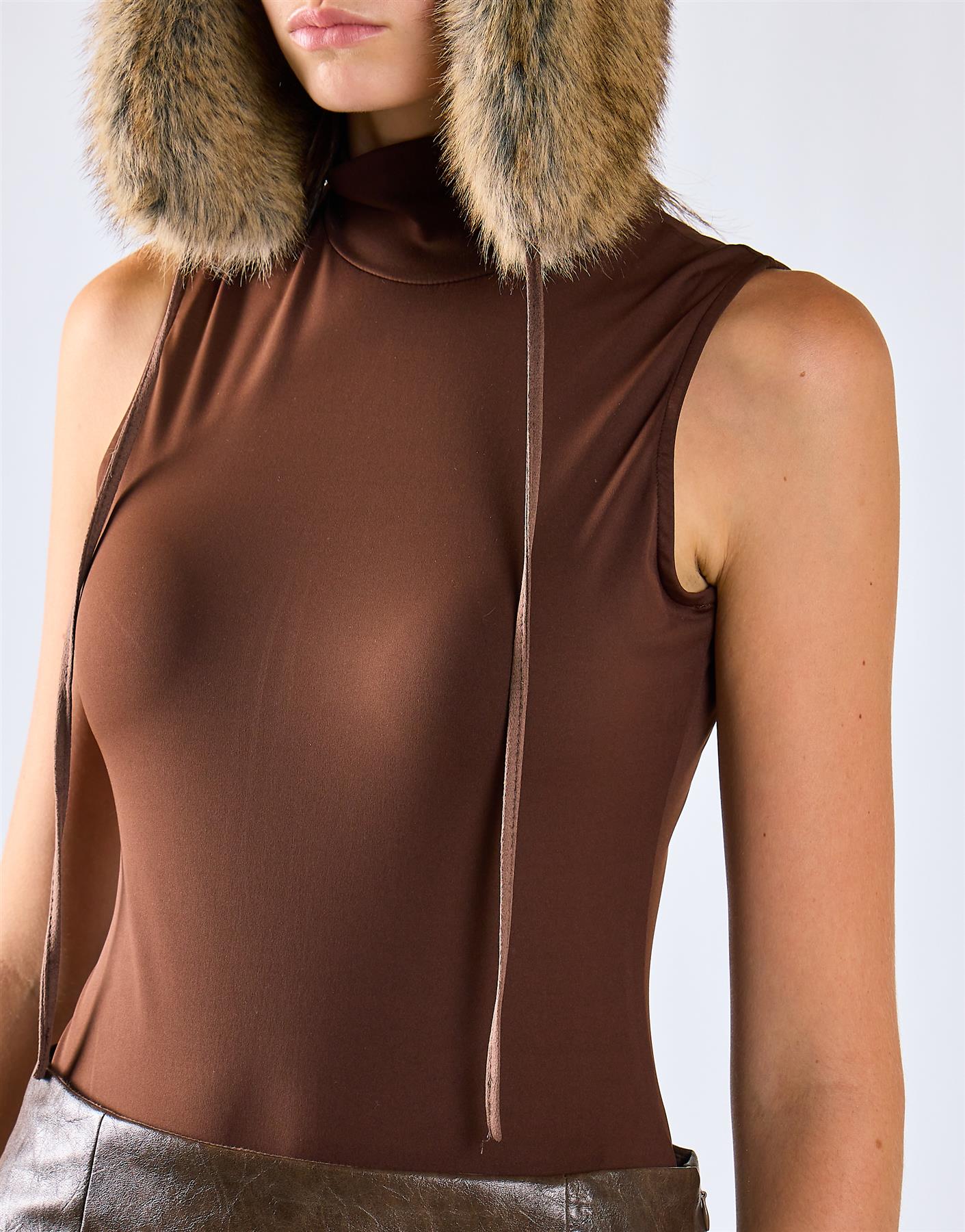 Deep Brown Mock Neck Sleeveless Tank Bodysuit