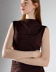Brown Sleeveless High-Neck Ruched Midi Bodycon Dress