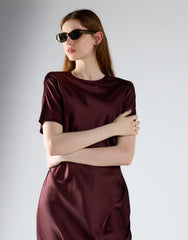 Oxblood Short-Sleeves Back-Keyhole Midi Dress