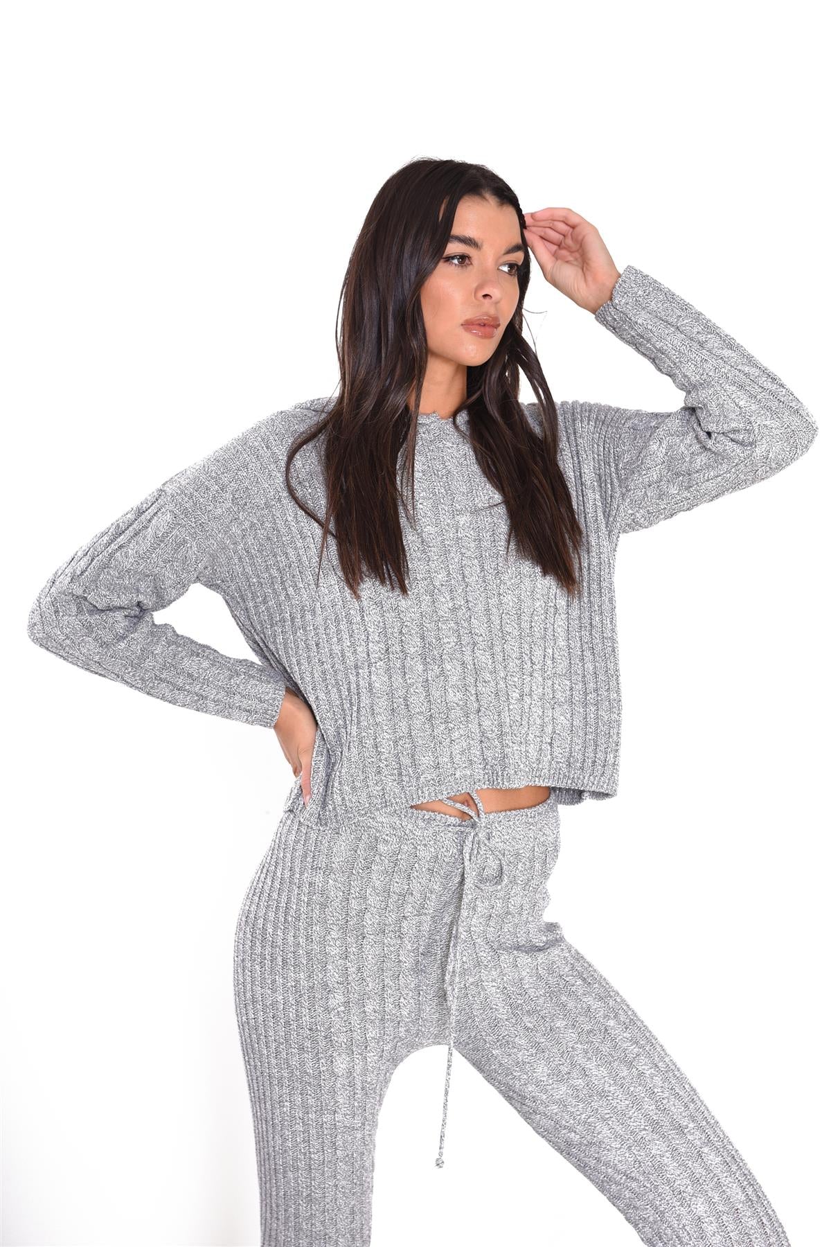 Grey Marl Ribbed High-Waist-Trousers