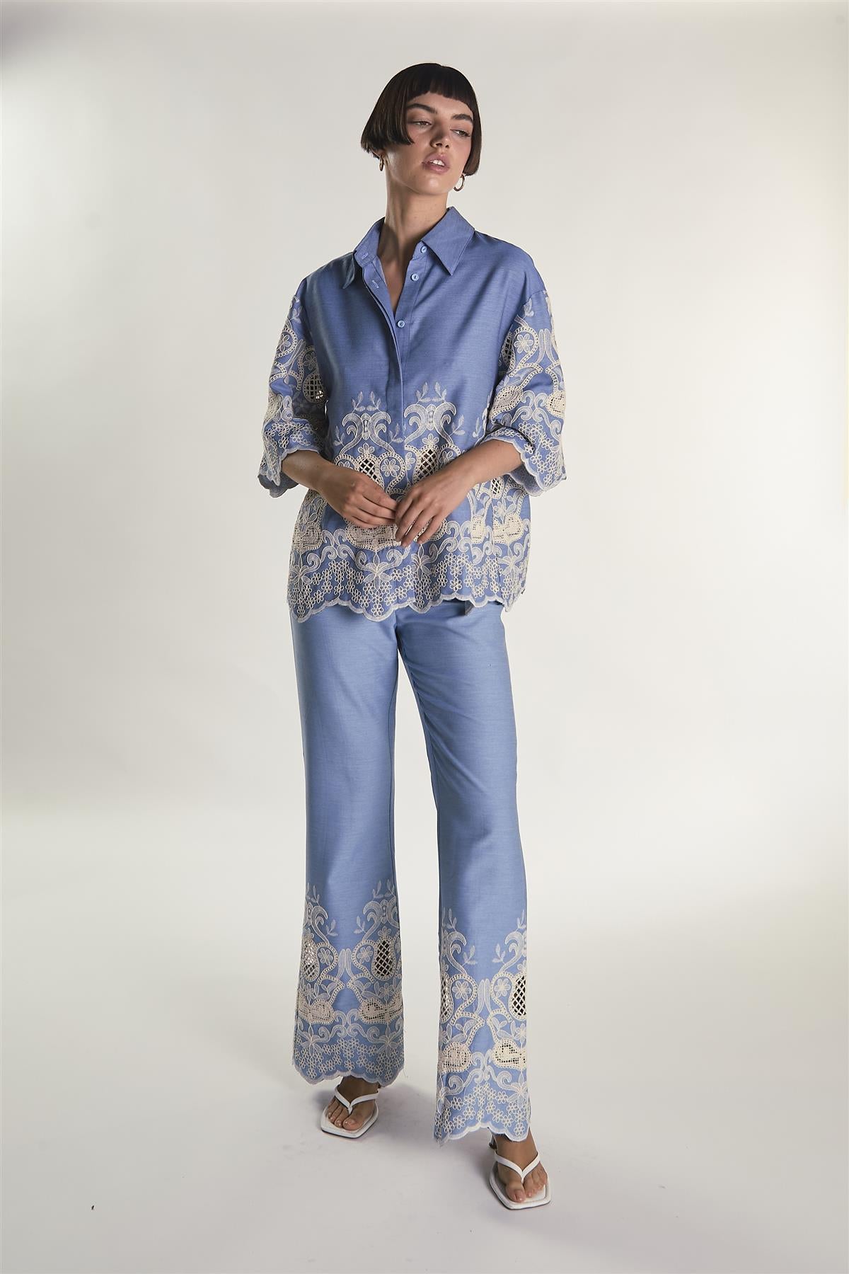 Embroidered Chambray Cropped Shirt