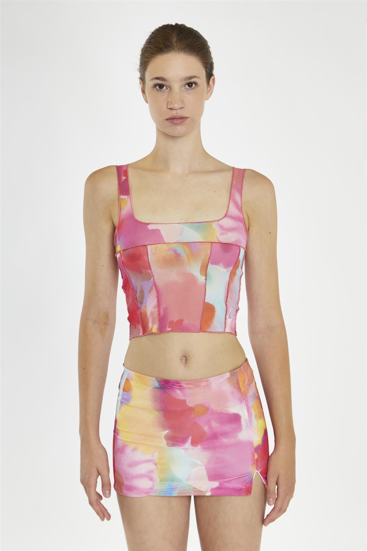 Multi-Watercolour Flower Exposed Seam Crop-Top