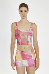 Multi-Watercolour Flower Exposed Seam Crop-Top
