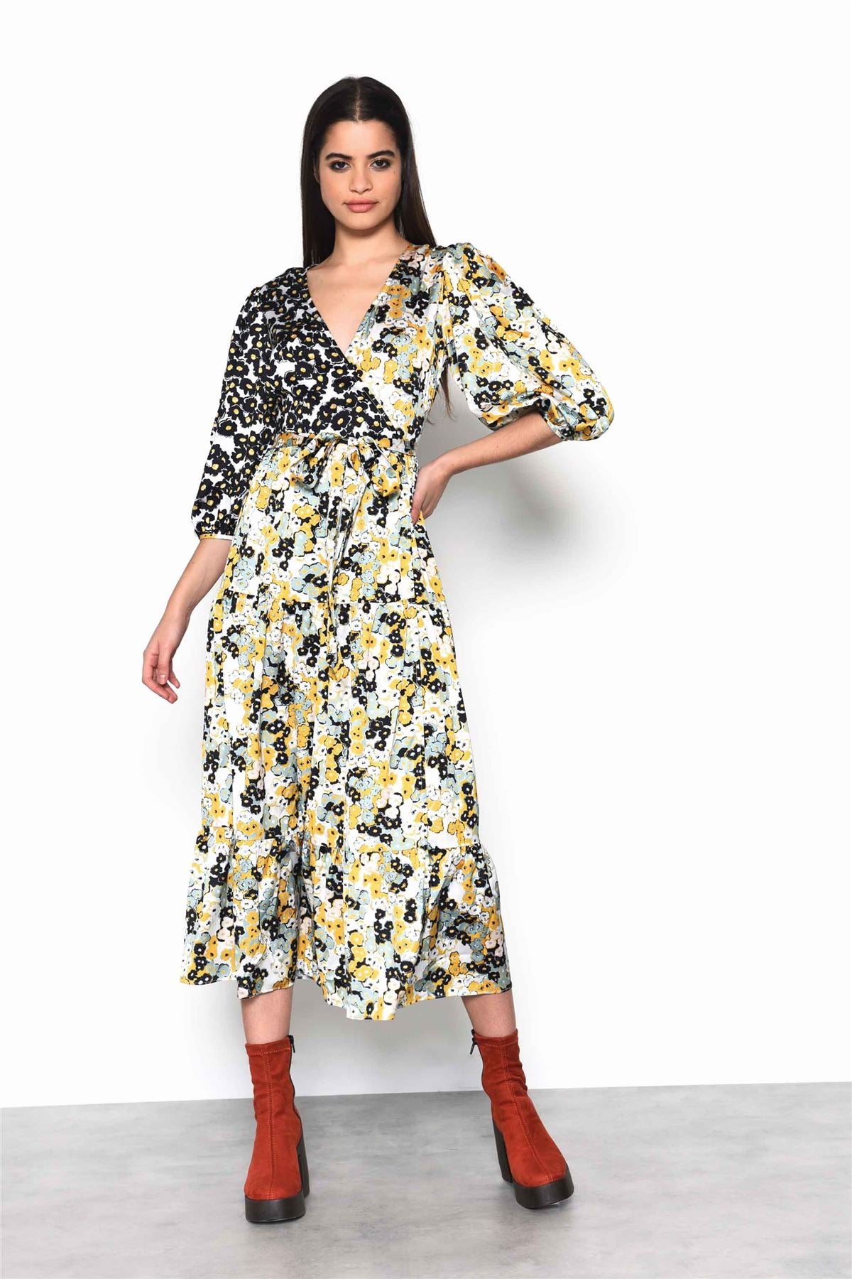 Mono Mustard Floral Wrap Front Tiered Midaxi Dress