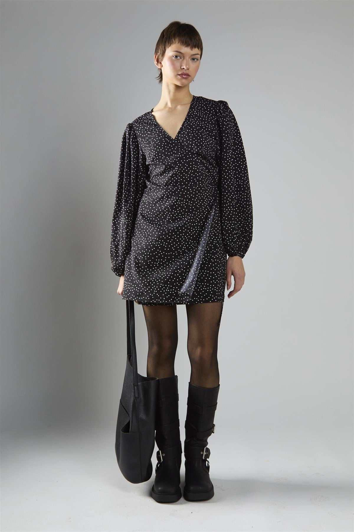 Black Polka Dot Wrap Mini Dress