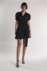 Black-Sateen Crossover-Tie Mini-Dress