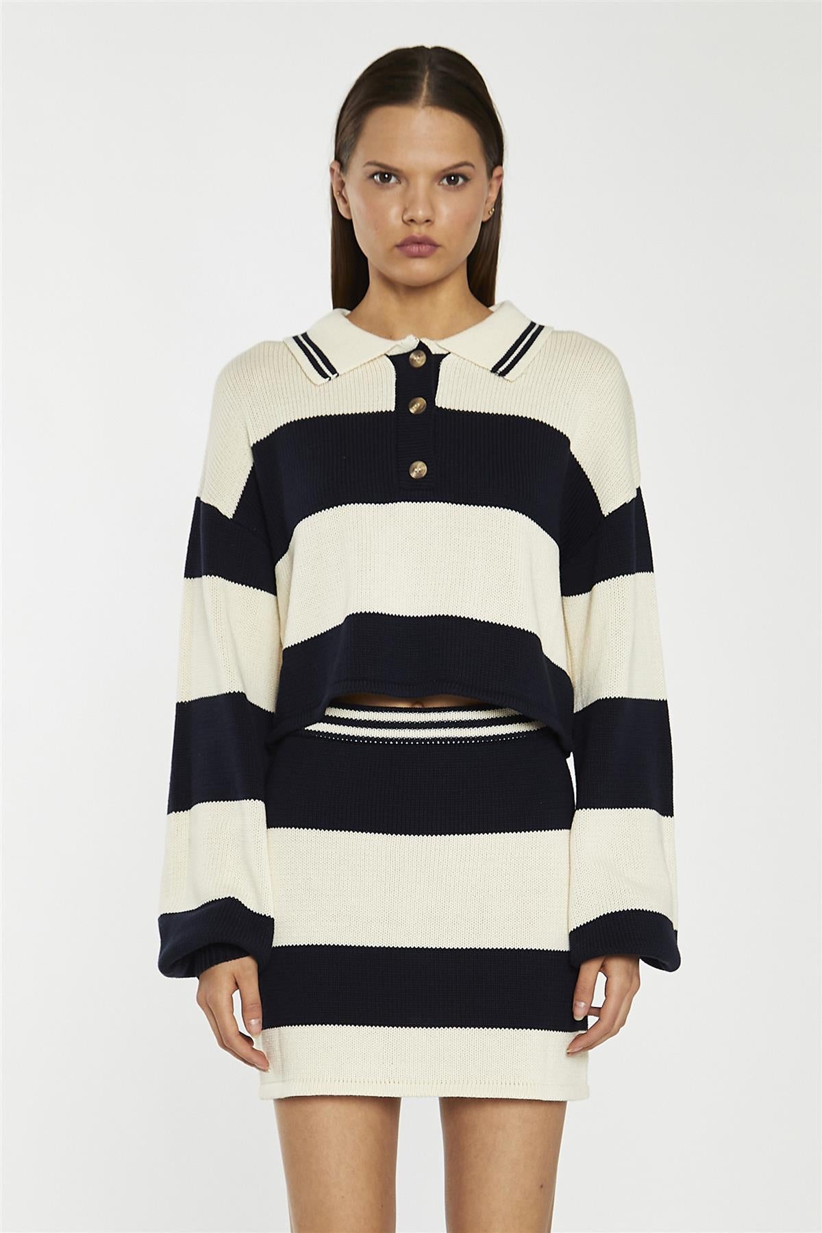 Navy-Cream Bodycon Knitted Mini-Skirt