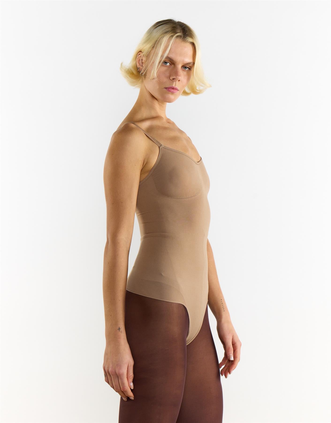 V-Neck Backless Shapewear Bodysuit - Beige