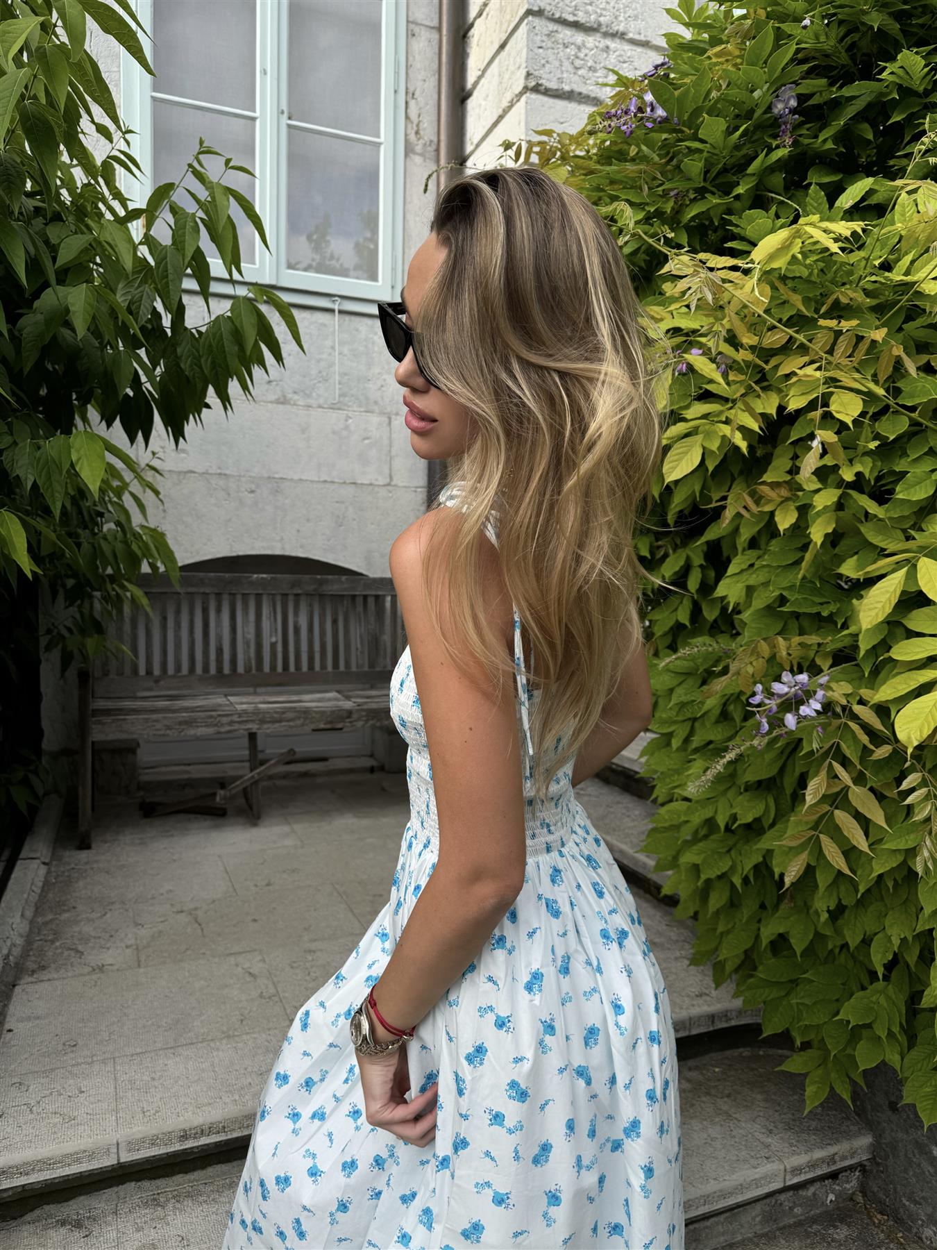 White Teal Blue Ditsy Spaghetti Strap Midi Dress