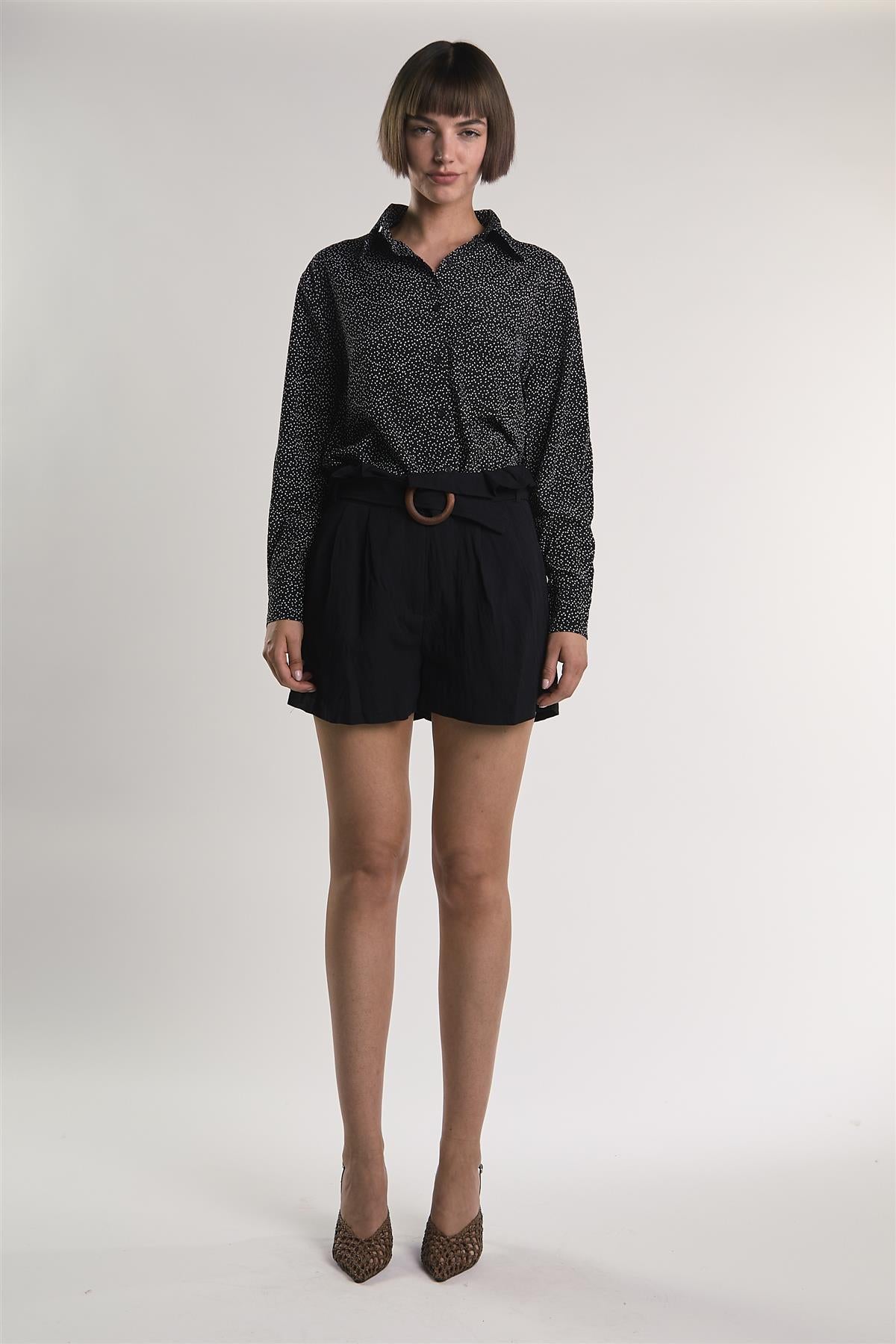 Miniature-Heart-Print Button-Front Long Sleeve-Top
