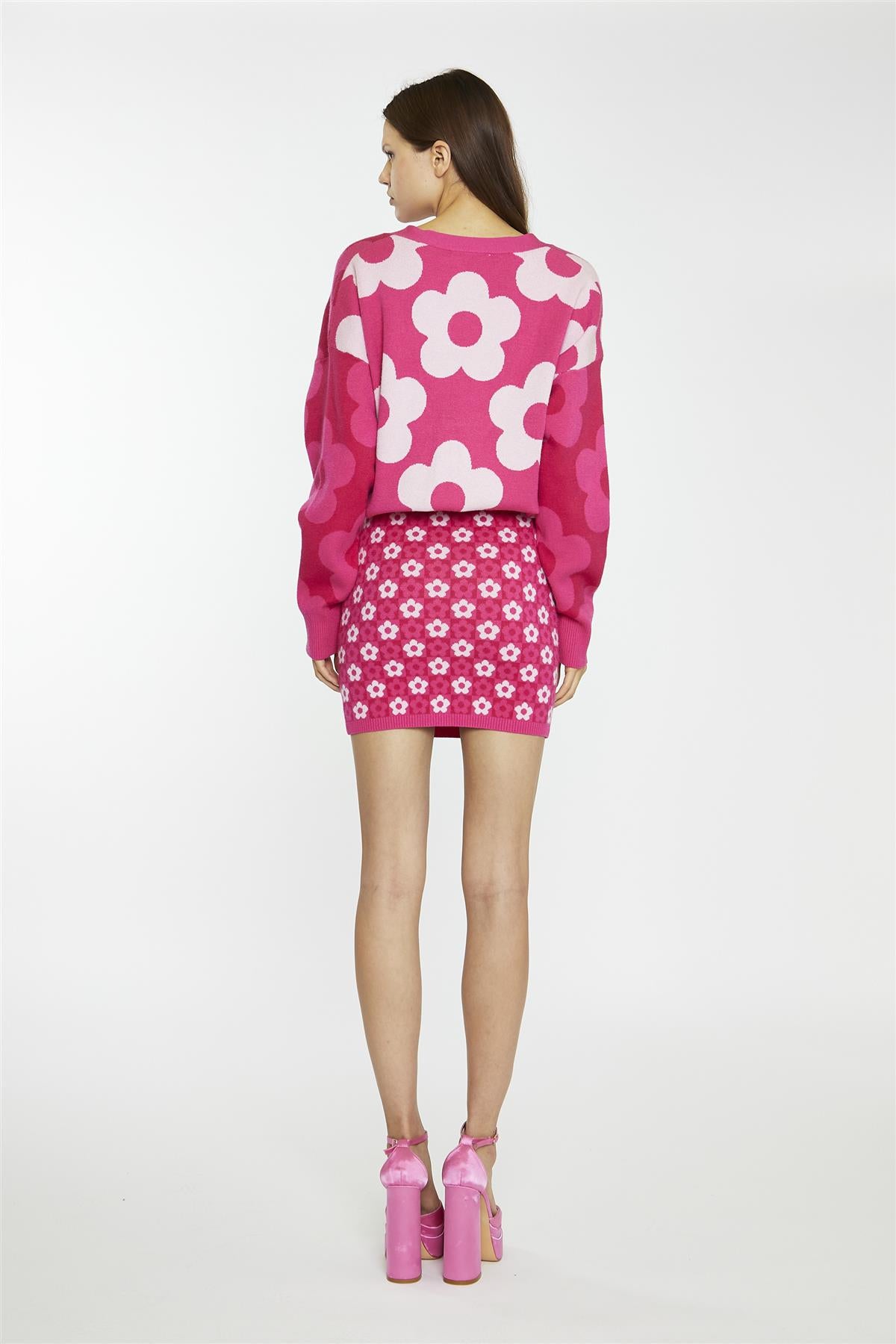 Pink Flower Check Bodycon Mini-Skirt
